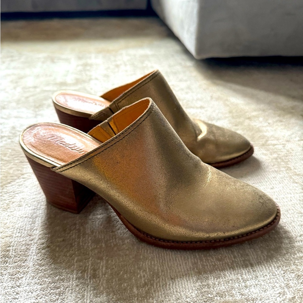 Gold Madewell mules with 3in heel